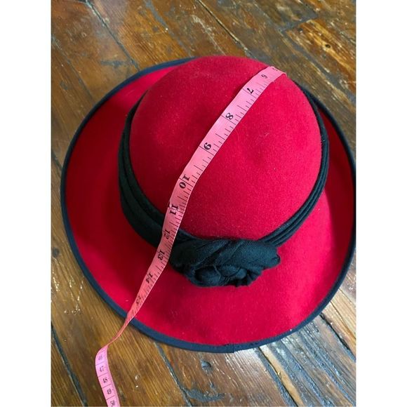 Betmar of New York Red Wool Emma Cloche Bucket Hat, Black Wrapped Scarf - Picture 9 of 9